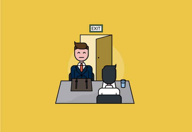 Cartoon of two business people at a desk with an open door marked 'exit' behind them