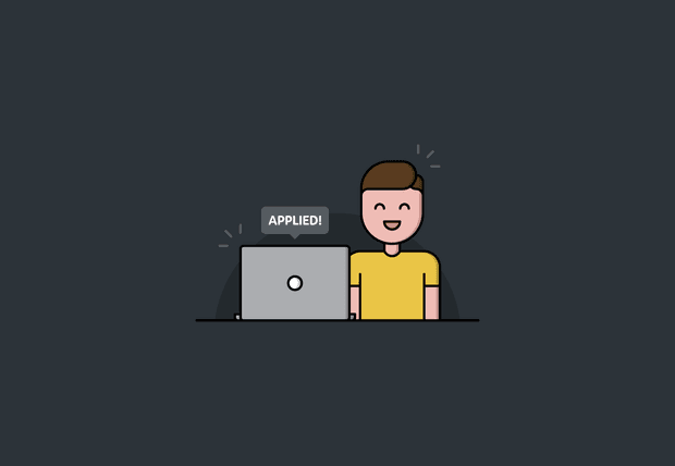 Cartoon of a smiling man using a laptop with a speech bubble reading 'applied' above it