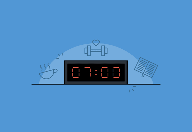 Cartoon of a digital alarm clock whose display reads 07:00