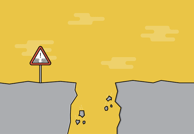 Cartoon of a road with a danger sign and a bottomless hole in the middle
