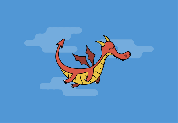 Cartoon of a smiling red dragon flying across a blue sky