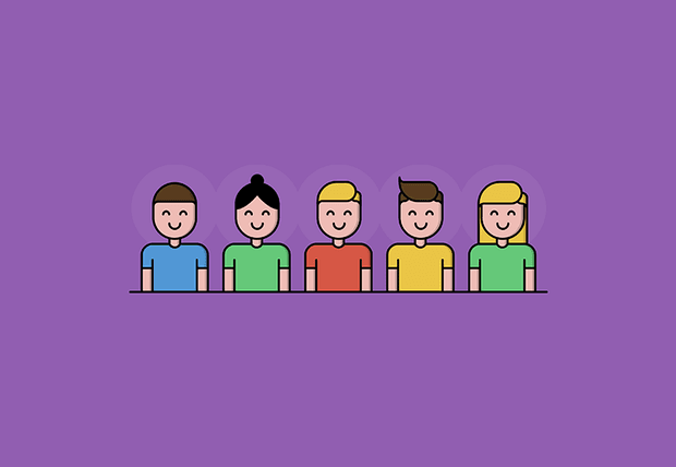 Cartoon of smiling people wearing brightly coloured t-shirts standing in a row