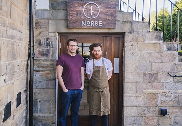 Norse owner Paul Rawlinson with chef outside the Norse restaurant entrance