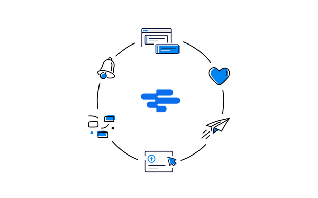 The RotaCloud logo surrounded by a circle of icons including a paper plane, notification bell, and a heart