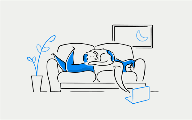 Cartoon of a woman lying on a sofa reaching for a laptop on the floor