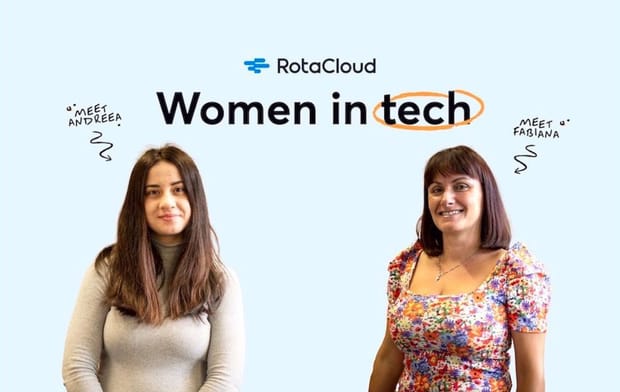 Branded image of Andreea (left) and Fabiana (right), who work in tech roles at RotaCloud