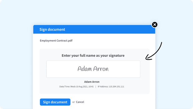 Screenshot of document signing feature in RotaCloud with signature of an "Adam Arron".