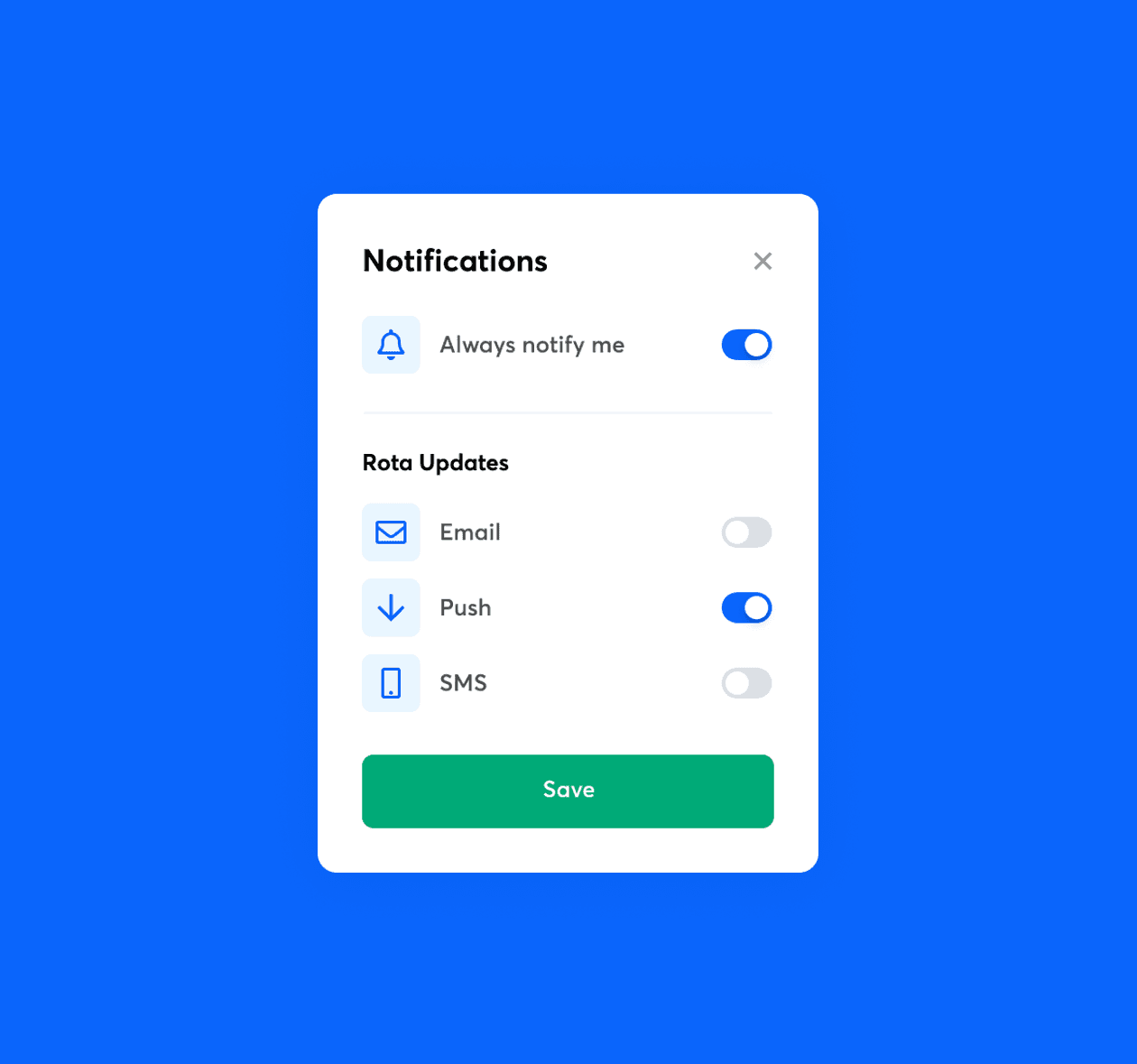 Notifications settings in RotaCloud, including an Always notify me slider, and options for how to receive updates - via email, push, and or SMS.