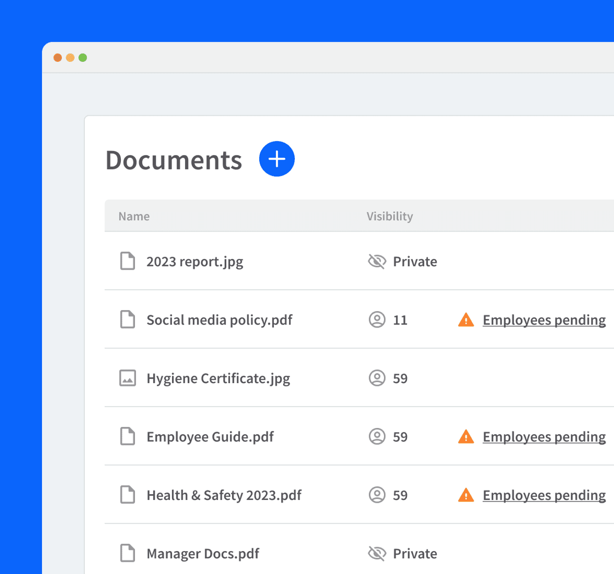 List of company documents in RotaCloud, including a hygiene certificate, an employee guide, and social media policy. Their visibility is also shown - some documents are marked as private, others show the number of employees they have been shared with.