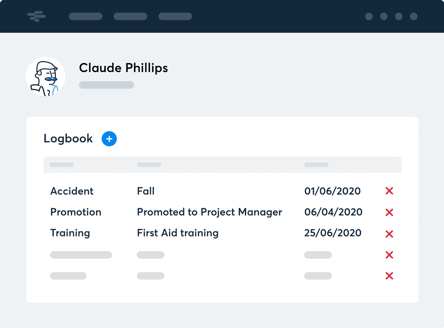 Event logbook in RotaCloud, showing accident, training, and promotion entries.