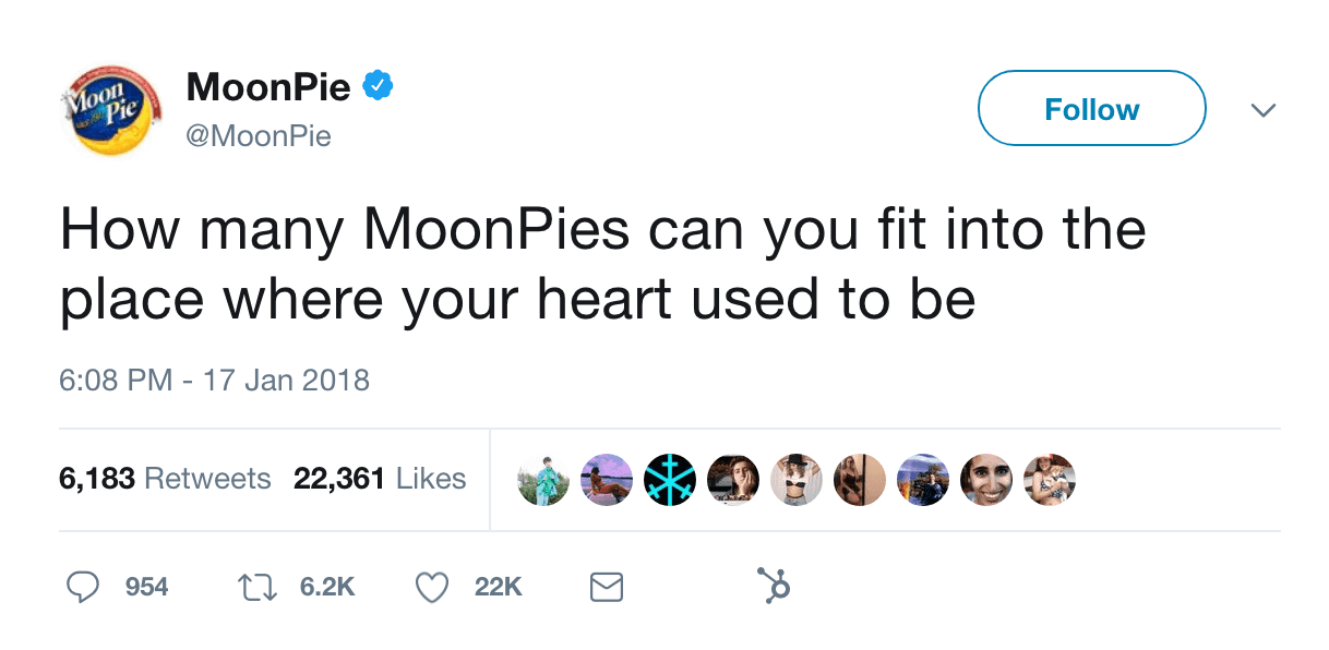Moonpie tweet reading 'How many MoonPies can you fit into the place where your heart used to be' with 6,000 retweets and 22,000 likes.