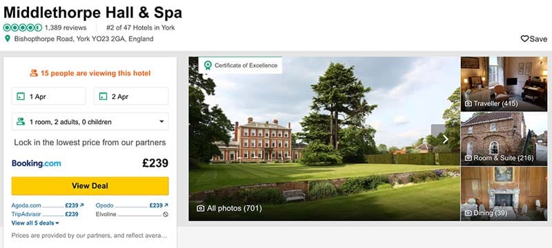 Example TripAdvisor profile showing photos chosen by the manager of the hotel.