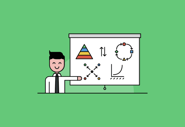 Cartoon image of a smiling business person pointing to charts and graphs