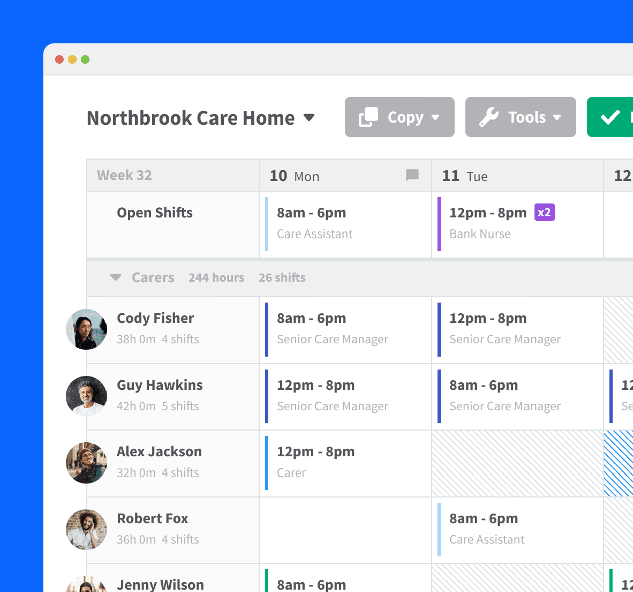 A screenshot of a care home rota in RotaCloud, with five carers with various colour coded shifts, and a row of open shifts availabile for staff to claim.
