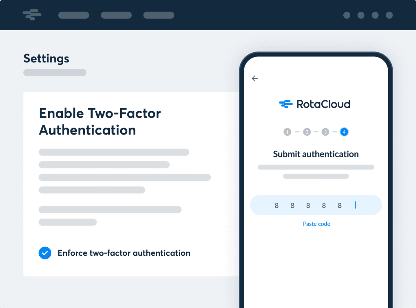A screenshot of a settings page in RotaCloud, giving the option of enabling two factor authentication, and enforcing it, along with a preview of how to unlock the RotaCloud mobile app using two-factor authentication.